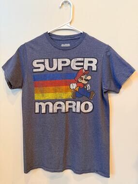 Vintage Style Super Mario Rainbow Stripe Blue Graphic Tee Men's/Unisex Sz Small